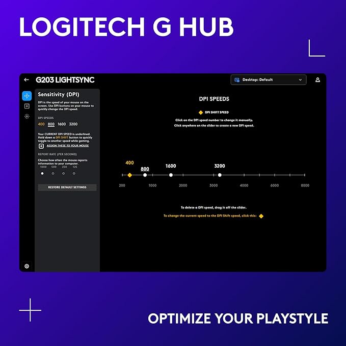 Logitech G203 Wired Gaming Mouse, 8,000 DPI, Rainbow Optical Effect LIGHTSYNC RGB, 6 Programmable Buttons, On-Board Memory, Screen Mapping, PC/Mac Computer and Laptop Compatible - Lilac