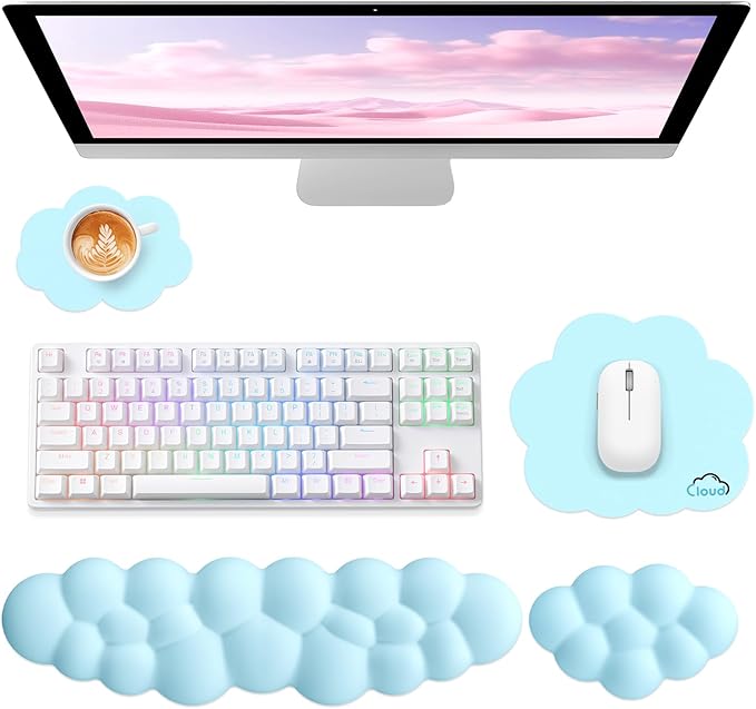 Cloud Wrist Rest for Computer Keyboard, 4-in-1 Memory Foam Leather Cloud Keyboard Wrist Rest and Mouse Pad Set with Ergonomic Support for Arm and Palm Cushion, Gaming/Work Setup, Blue