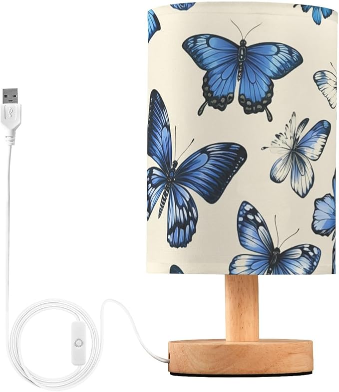Butterfly LED Table Lamp, Bedside Lamp with Linen Lampshade, Flicker-Free Eye Care USB Plug in Nightstand Lamp, for Bedroom and Office