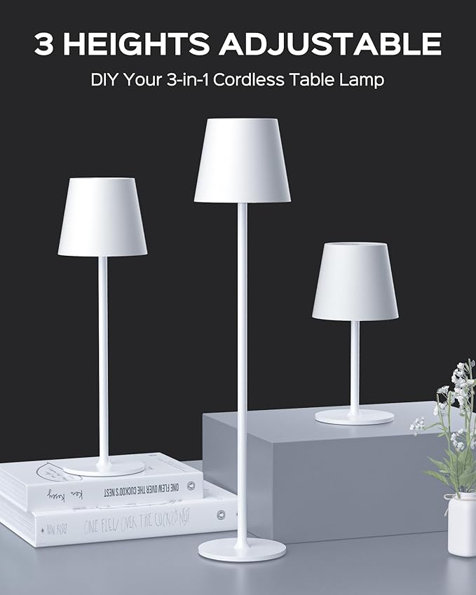 JACKYLED Cordless Table Lamps Rechargeable, 3 Adjustable Height, 5000mAh Battery Operated, 3 Colors Smooth Dimming, Portable LED Waterproof Table Lamp for Dining, Bedroom, Outdoor (2 Pack)
