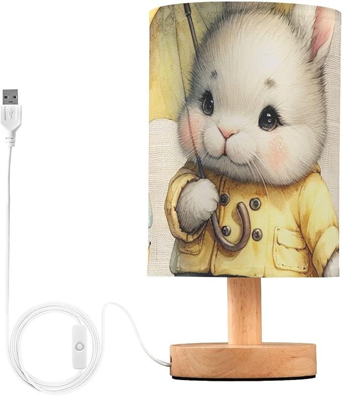 Rabbit LED Table Lamp, Bedside Lamp with Linen Lampshade, Flicker-Free Eye Care USB Plug in Nightstand Lamp, for Bedroom and Office