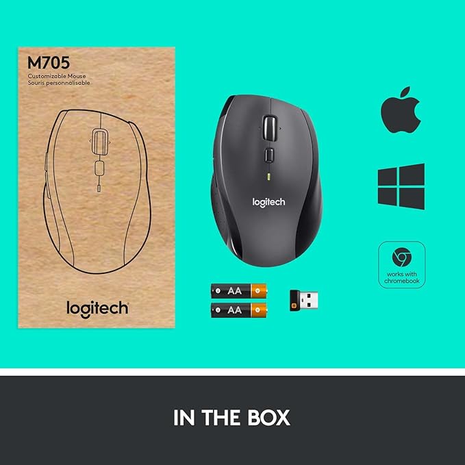 Logitech M705 Marathon Wireless Mouse, Gaming Mouse Wireless, 2.4 GHz USB-A Receiver, 5-Programmable Buttons, 3-Year Battery, PC, Mac, Laptop, Chromebook - Black