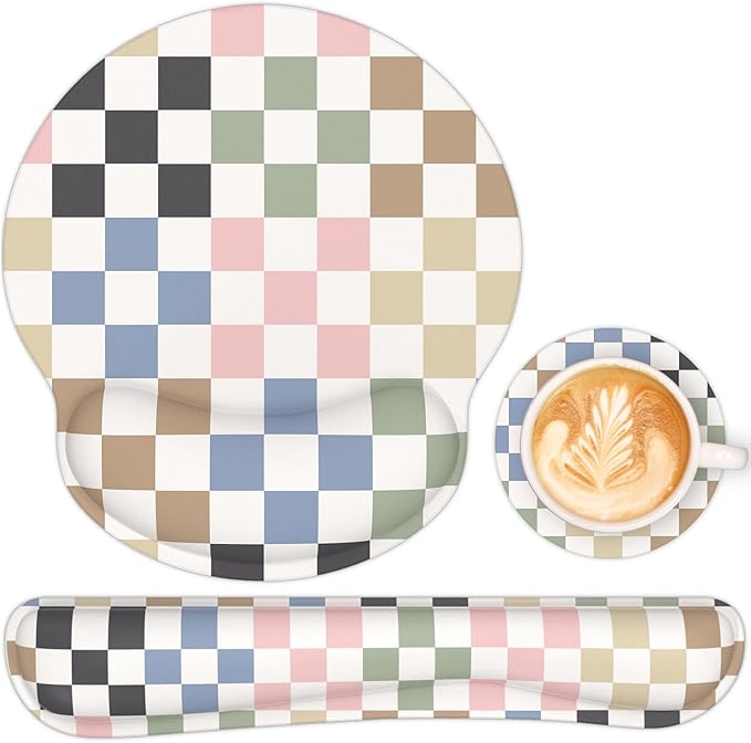 Ergonomic Mouse Pad with Wrist Rest and Keyboard Wrist Rest, Mousepad and Wrist Rest for Computer Keyboard, Non-Slip Rubber Base, Mouse Pad Wrist Support for Gaming, Colorful Checkered
