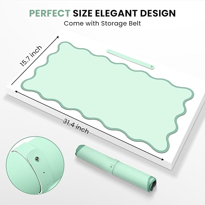 Leather Desk Mat, XXL Large 31.4x15.7in Scalloped Gaming Mouse pad，Non-Slip Rubber Base Keyboard Pad Mousepad for Laptop Computer Game Home Office，Waterproof and Oilproof Desktop Mat I Green