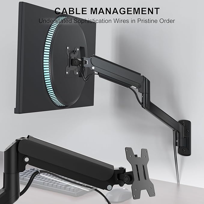 WALI Computer Monitor Wall Mount for 17 to 32 Inch Screens, Single Monitors Mount Holds up to 22lbs, Fully Adjustable Gas Spring Wall Mount Monitor Arm, 75x75/100x100mm VESA Mount (GSWM001), Black