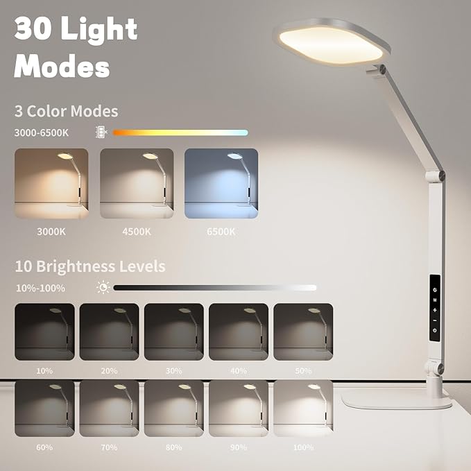 LED Desk Lamp for Home Office – Professional Eye-Caring Soft Diffused Light, Dimmable Desk Lamp with Adjustable Metal Swing Arm, Memory & Timer, Modern Anti-Glare Table Lamp