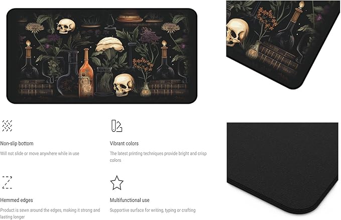 Retro Skull Large Mouse Pad, Gothic Desk Pad XXL, Office Desk Plant Desktop Cover Pad, Expanded Large Laptop Keyboard Pad, Dark Academic Gaming Table Decoration Accessories 31.5"X15.7"