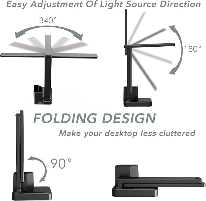 LED Desk Lamp with 3 USB Charging Ports 1 AC Outlet Small Table Lamp for Home Office/Bedroom/Study/College/Dorm Room Essentials, Foldable Reading Light w/Pen Holders for Craft/Artist/Puzzle/Nail/Task