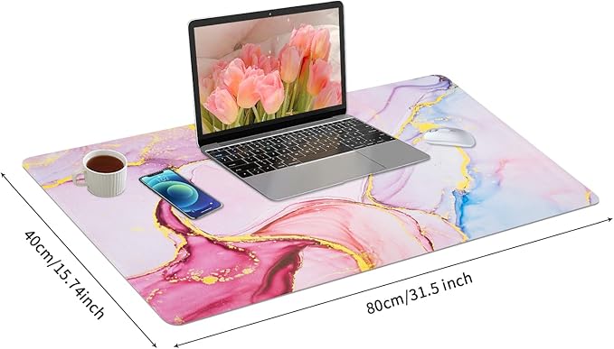 Bloss Desk Mat, Waterproof Leather Large Mouse Pad, Desk Matt for Desktop, Computer Mat for Office Work/Home/Decor/Protector(Pink Marble, 31.5 x 15.7 Inches)
