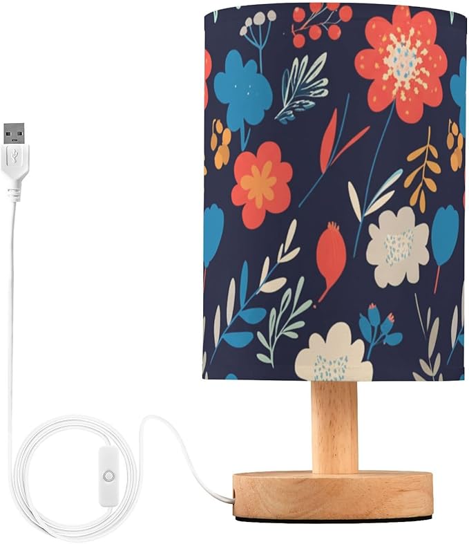 Colorful Floral LED Table Lamp, Bedside Lamp with Linen Lampshade, Flicker-Free Eye Care USB Plug in Nightstand Lamp, for Bedroom and Office