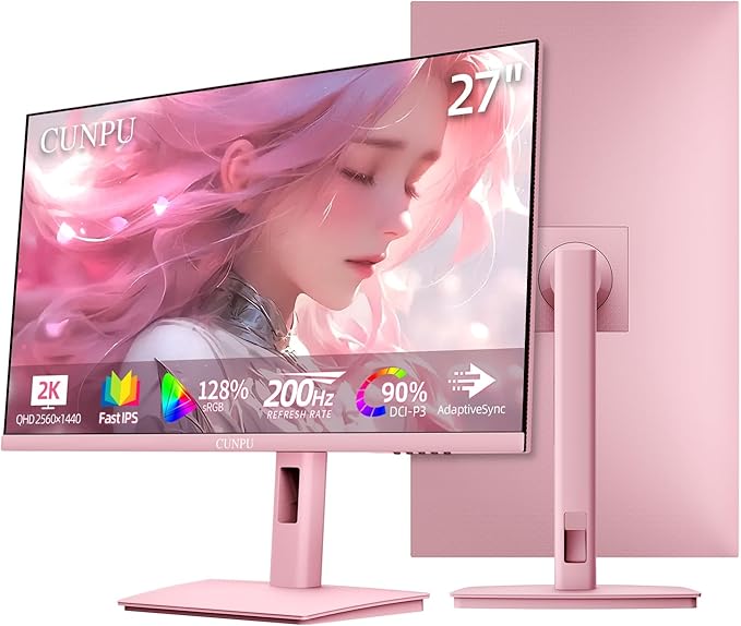 27 Inch Pastel Pink Gaming Monitor QHD 2560x1440 180/200Hz 1ms GTG Fast IPS Computer Monitor, 90% DCI-P3, Adaptive Sync, Built in Speaker, Height/Swivel/Tilt/Pivot Adjustable Stand, HDMI,DP