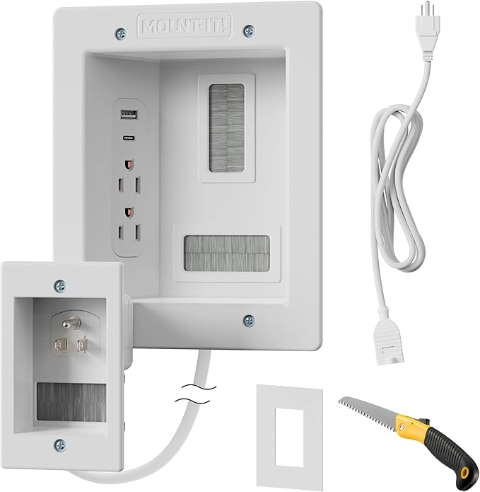 Mount-It! in-Wall TV Cable Management Kit – Dual Power Outlet with Dual USB Ports, Male Wall Plug and 5ft External & 9ft Behind The Wall Cords, Hand Saw – Safe Cable Management for TV