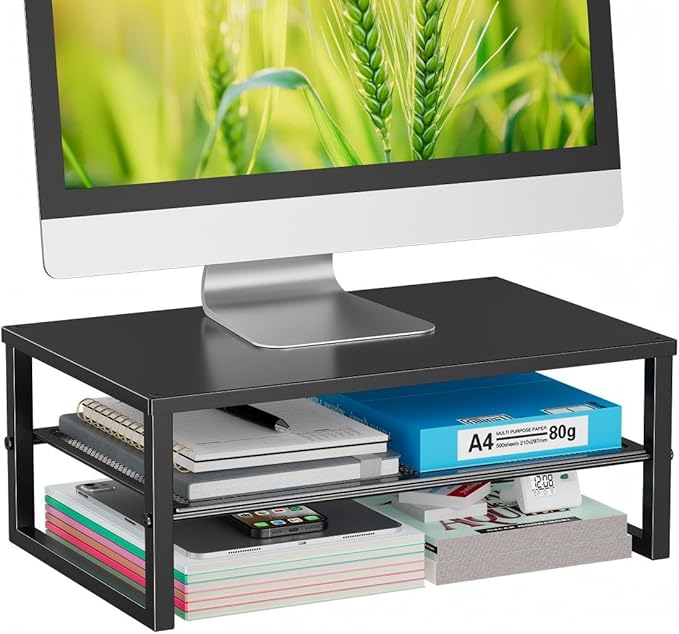 Monitor Stand Riser 2-Tier with Drawer, Computer Stand for Desk, Laptop Riser for Ergonomic Neck Relief, Sturdy Steel Desk Organizer for Home Office Supplies, Black
