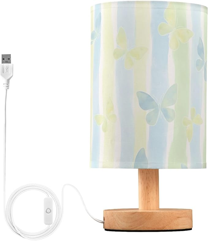 Pastel Stripe LED Table Lamp, Bedside Lamp with Linen Lampshade, Flicker-Free Eye Care USB Plug in Nightstand Lamp, for Bedroom and Office