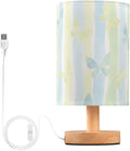 Pastel Stripe LED Table Lamp, Bedside Lamp with Linen Lampshade, Flicker-Free Eye Care USB Plug in Nightstand Lamp, for Bedroom and Office