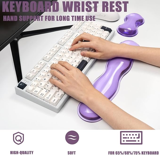 Clear Gel Keyboard Wrist Rest, Purple Silicone Wrist Rest, Ergonomic Wrist Rest for Computer Keyboard 60%/75% (Purple-Long)