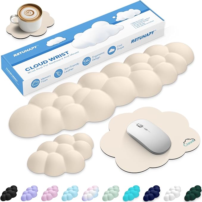 Cloud Wrist Rest Keyboard Cushion, 4-in-1 Ergonomic Cloud Keyboard Wrist Rest and Mouse Pad Set with Memory Foam Arm Support for Palm, Cute Desk Accessory for PC Gaming Setup, Beige