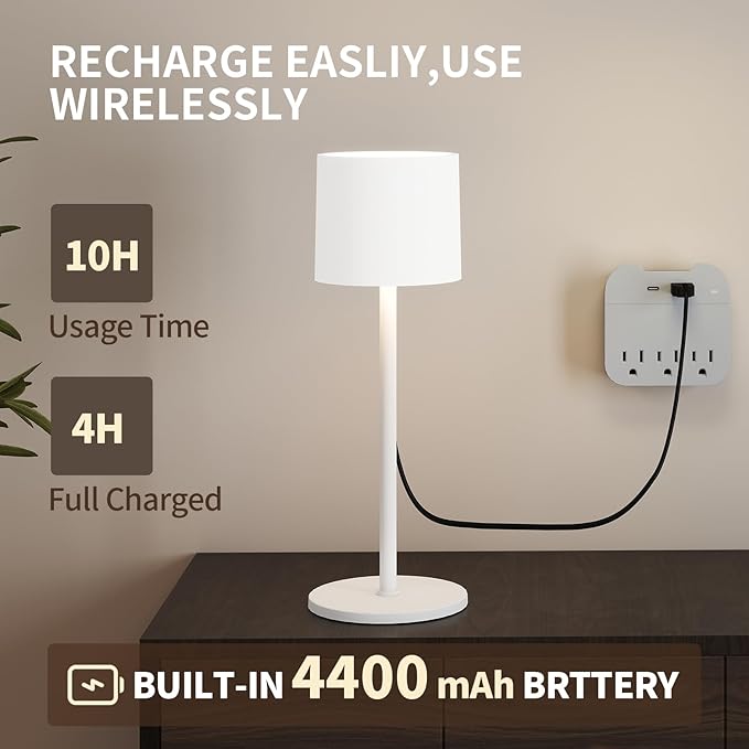 2-Pack Cordless Table Lamp, Portable LED Desk Lamps, 4400mAh Battery Powered Wireless Table Light, 3 Color Stepless Dimming Up,for Restaurant, Bedroom, Outdoor Camping, Night Light (White)