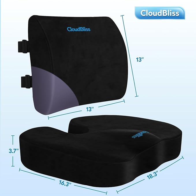 CloudBliss Seat Cushion, Office Chair Cushion, Car Seat Cushion, Lumbar Support Pillow for Office Chair, Back Support Memory Foam Pillow Coccyx Cushion for Tailbone & Coccyx Support, Black, X-Large