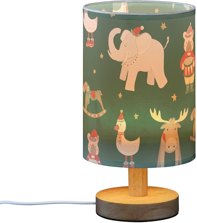 Green Christmas Animal LED Table Lamp, Bedside Lamp with Linen Lampshade, Flicker-Free Eye Care USB Plug in Nightstand Lamp, for Bedroom and Office