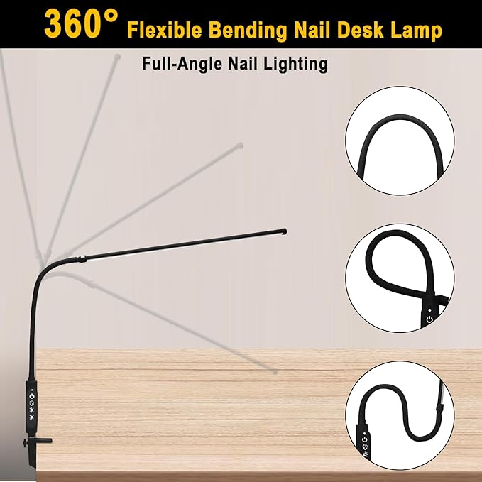 CGBE Nail Light for Desk: 360° Adjustable Nail Lamp for Desk with 3 Color Modes 5 Brightness, 23.6-Inch Led Desk Lamp for Salon Manicurist Tattoo Crafts Sewing Work Reading Game - Black