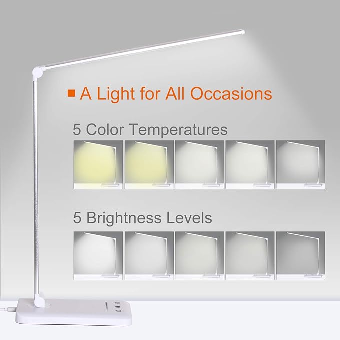 LED Desk Lamp, Eye-Caring Stepless Dimmable Office Table Lamp with USB Charging 4000mAh Battery, Foldable,Touch, 30/60minsTimer,5 Lighting Modes with 5 Brightness Levels