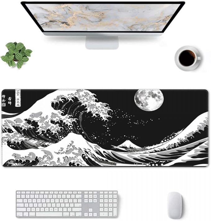 Desk Pad,Office Desk Mat 31.5"×11.8" Large Gaming Mouse Pad,Durable Extended Computer Mouse Pad,Waterproof Thick Big Mouse Pads with Non-Slip Rubber Base Office Home Japanese Black Waves