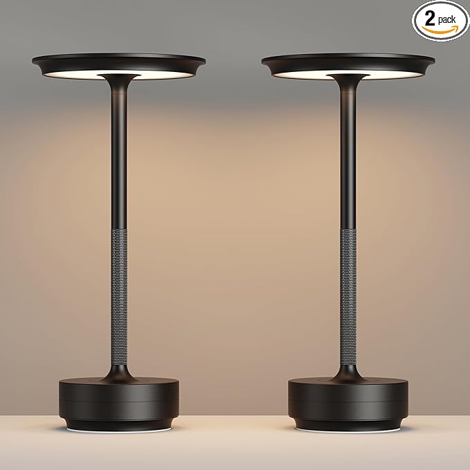2 Pack Rechargeable Cordless Table Lamps, Portable 5000mAh LED Table Light, 3 Color Stepless Dimming Battery Powered Metal Table Lamp for Outdoo/Restaurant/Home/Patio.(Black)