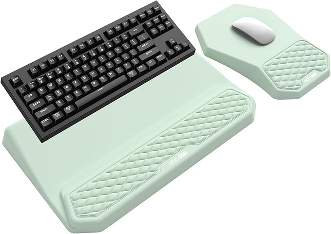 3-in-1 Ergonomic Keyboard Stand with Wrist Rest & Mouse Pad Set, Comfy Keyboard Riser Holder Soft Mousepad with Massage Design, Memory Foam and Non-Slip PU Base for Wrist Support, Light Green