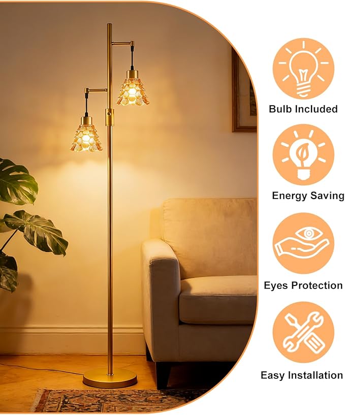 2-Light Modern Glass Floor Lamp, Gold Standing Lamp with Amber Shell Glass Shade, Dimmable LED Floor Lamp with Rotary Switch for Living Room Bedroom, Bulb Included