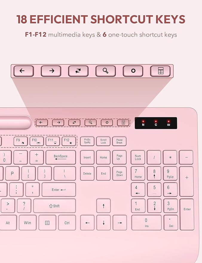 Wireless Keyboard and Mouse, Wrist Rest, Phone Holder, 2.4G Lag-Free Ergonomic Keyboards Mouse Combo, KM23D Silent Keyboards Set for Computer, Laptop, PC, Windows, Pink -SABLUTE
