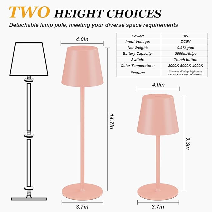 Cordless Table Lamp Rechargeable Pink - KK 2 Pack 5000mAH Battery Operated Lamp for Counter, 3 Color Stepless Dimming Waterproof LED Wireless Lamp for Dining Kitchen, Outdoor Patio, Touch Control