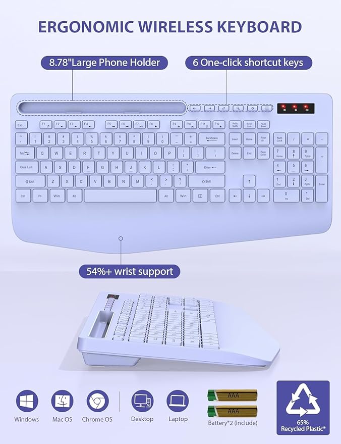 SABLUTE Wireless Keyboard and Mouse, Wrist Rest, Phone Holder, 2.4G Lag-Free Ergonomic Keyboards Mouse Combo, KM23D Silent Keyboards Set for Computer, Laptop, PC, Windows, Purple