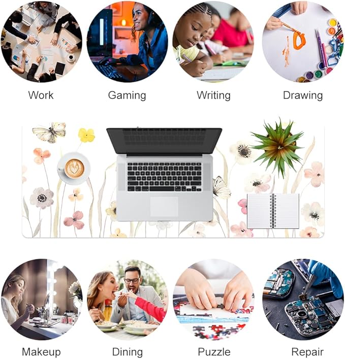 Colorful Star Large Mouse Pad, Watercolor Floral Desk Mat Office Supplies, Waterproof PU Leather Gaming Mousepad for Women Girls, Butterflies Desk Pad Home Office Décor Accessories 31.5" x 11.8"