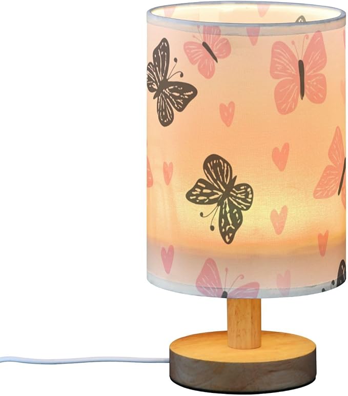 Pink Butterfly LED Table Lamp, Bedside Lamp with Linen Lampshade, Flicker-Free Eye Care USB Plug in Nightstand Lamp, for Bedroom and Office