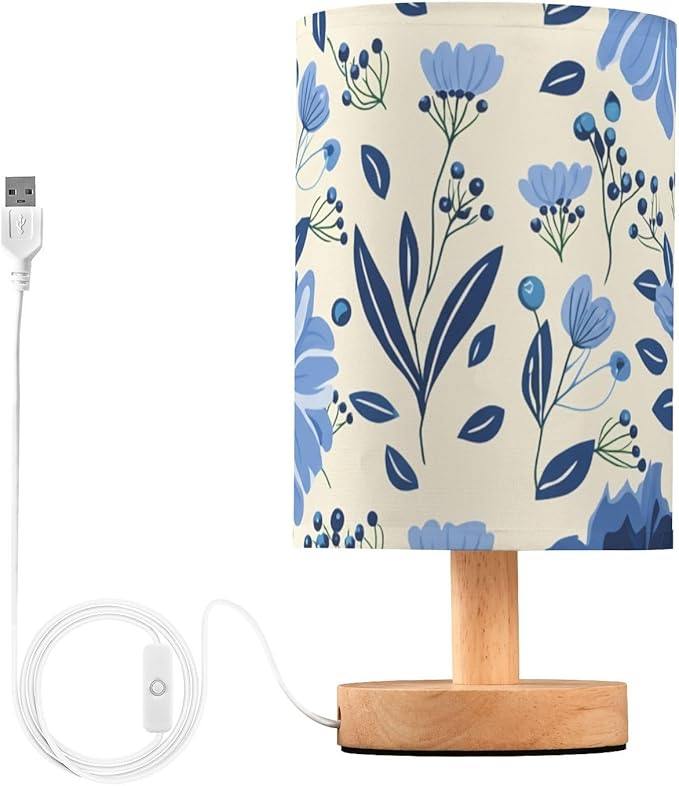 Blue Floral LED Table Lamp, Bedside Lamp with Linen Lampshade, Flicker-Free Eye Care USB Plug in Nightstand Lamp, for Bedroom and Office