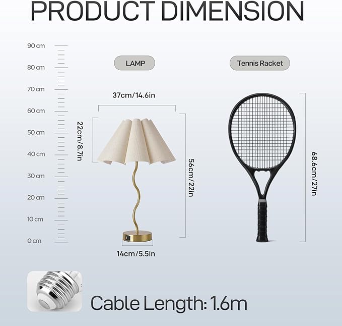 Touch Control Table Lamp with USB Ports, 27” Tall Gold Bedside Lamp with 3-Way Dimmable E26 Bulb, Fabric Shade & Curved Metal Stem, Modern Nightstand Lamp for Bedroom, Living Room, Office