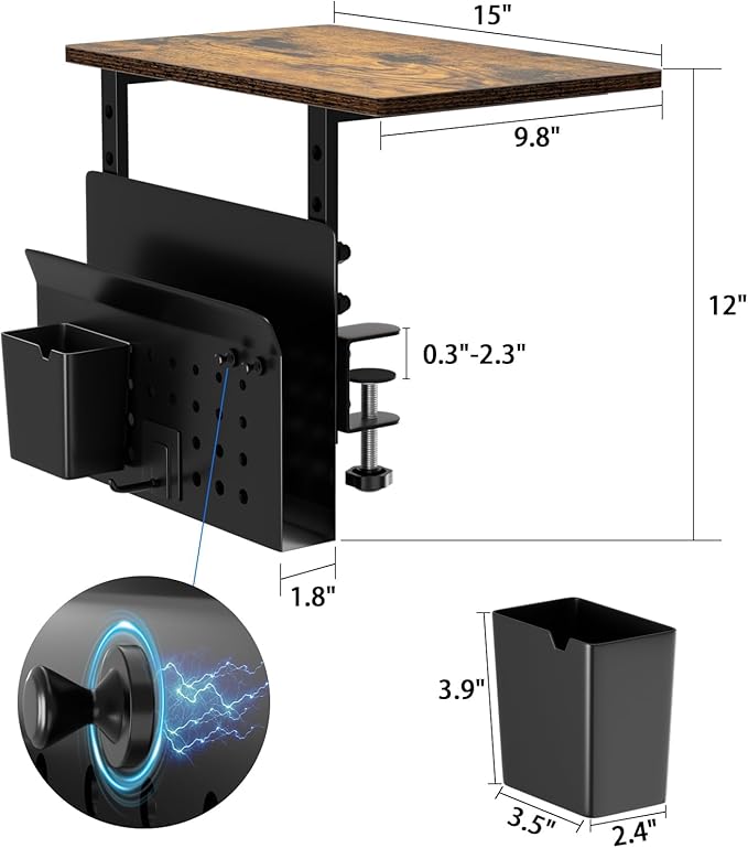 Desk Extender, Clamp On Desk Shelf Organizer, with Side Storage Steel Frame & 15 inch Wood Desktop Supplies Rack Clamp Mount Table Hanging Storage for Home Office Fits Flat Edge Tables 0.3" to 2.3"
