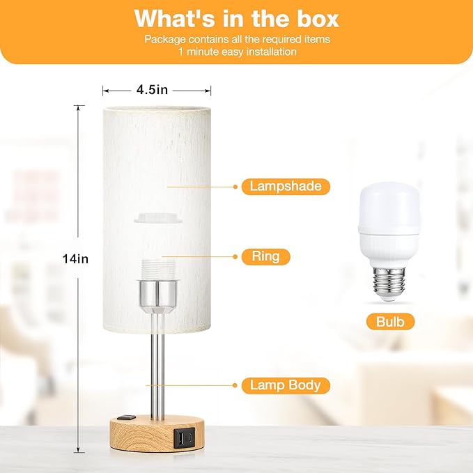 Fenmzee Bedside Table Lamp for Bedroom - 3 Way Dimmable Touch Lamp USB C Charging Ports and AC Outlet, Small Lamp Wood Base Round Flaxen Fabric Shade for Living Room, Desk, LED Bulb Included