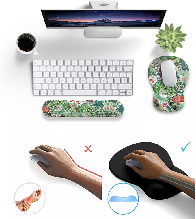 Mint Green Keyboard Wrist Rest Support Mouse Pad&Keyboard Set, Cute Green Ergonomic Mousepad Non-Slip Base Desk/Office Easy Typing Pad with Neoprene Cloth&Raised Curved Memory Foam
