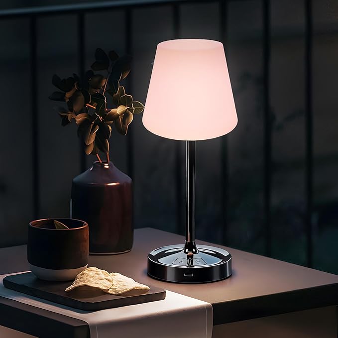 Small Shower Lamp Waterproof: Table Lamp with 4000mAH Battery - Rechargeable 3 Dimmable Cordless LED Lamp for Desk Bedroom Living Room Bathroom - Black Touch Light for Parents Kids