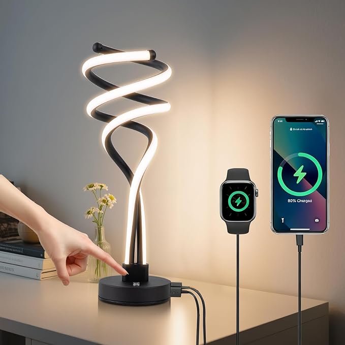 ElDISUNY Modern LED Table Lamp, 3 Color Temperatures,Touch Control Curve Dimmable Bedside Table Lamps with USB Ports, Touch Control LED Nightstand Lamp, Desk Lamp for Living Room, Bedroom -Black