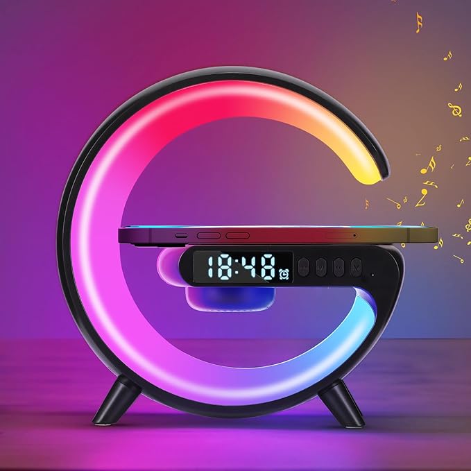 Blingbin Wireless Charger Atmosphere Lamp, 2025 New Mini LED Table Lamp, Bluetooth Speaker, Dimmable Night Light Bedside Lamp Alarm Clock with Music for Christmas Birthday New Year Gifts