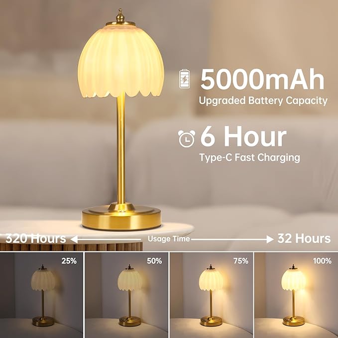 Tulip Table Lamp with 5000mAh Battery & Touch Control, Cordless Table Lamp with 3 Colors, Dimmable Rechargeable Table Lamps for Bedroom, Nightstands, Living Room, Entryways (White Tulip)
