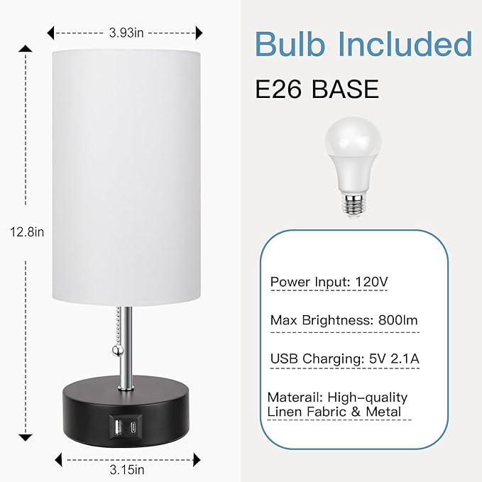ROTTOGOON 3-Color Temperature Bedside Lamp Nightstand Lamp with USB A Port and C Port, Table Lamp for Bedroom with LED Bulb Small Lamps for Living Room (White)