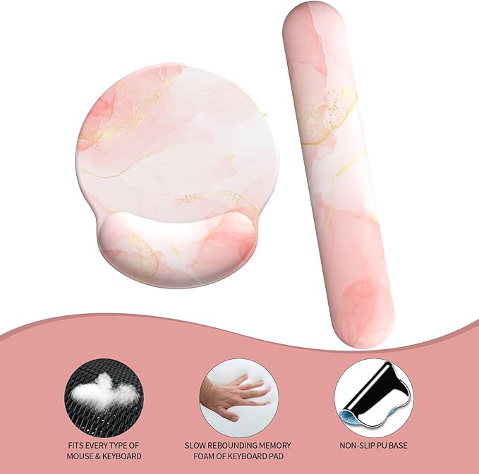 eulps Mouse Pad Wrist Support, Ergonomic Memory Foam Keyboard Wrist Pad & Gel Wrist Rest Set for Computer Keyboard for Easy Typing for Office & Home (Pink Marble)