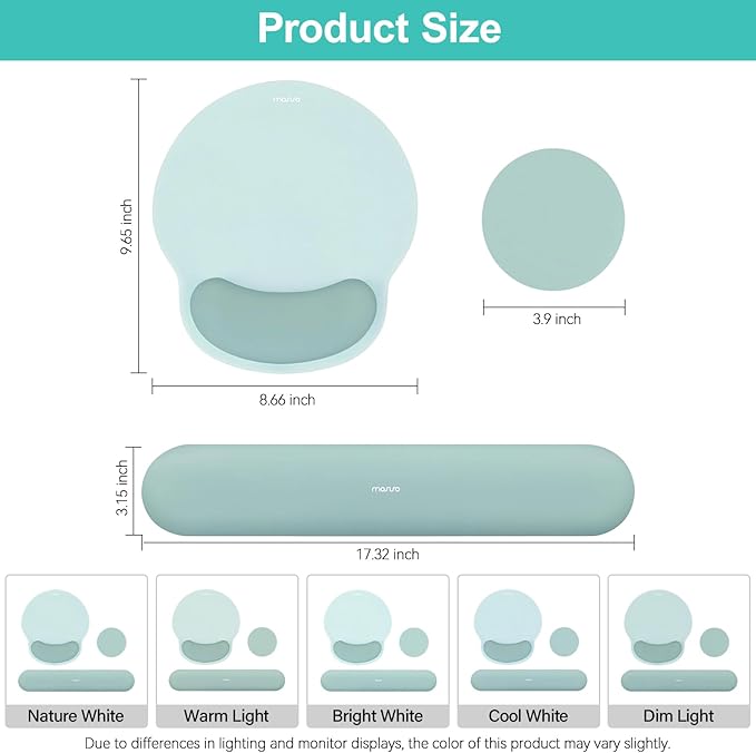 MOSISO Wrist Rest Support for Mouse Pad&Keyboard Set, Circle Curved Ergonomic Mousepad&Coaster Non-Slip Base Home/Office Wrist Support&Easy Typing Pad with Soft Cloth&Silicone Lining, Aquamarine