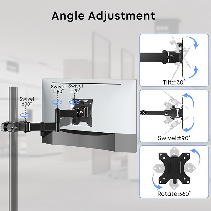 Pole Mount Monitor Arm Easy Clamp-on VESA Mount for 17"-32" Screens Supports up to 17.6 lbs Compatible with 75x75 and 100x100 VESA Perfect Solution When Wall or Desk Mounting Isn't Possible