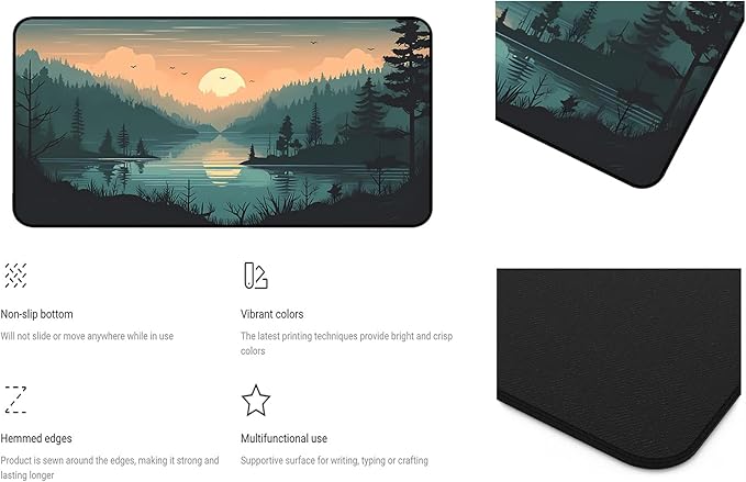 Sunset Lake Mouse Pad XXL, Green Forest Plant Desk Pad, Large Computer Pad, Game Mouse Mats Large, Full Desktop Pad, Natural Landscape Desktop Decor Home Office Desk Accessories 31.5"X15.7"