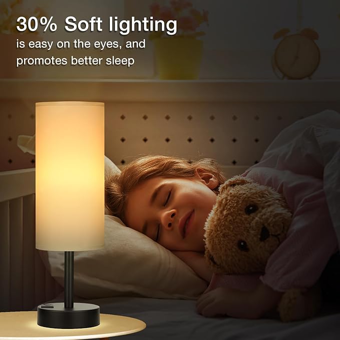 Dicoool Bedside Touch Table Lamps for Bedroom Nightstand with USB-C USB-A Charging Ports White, 3 Way Dimmable Small Lamp Fabric Shade Black Base for Office, Living Room, Dorm Room Reading